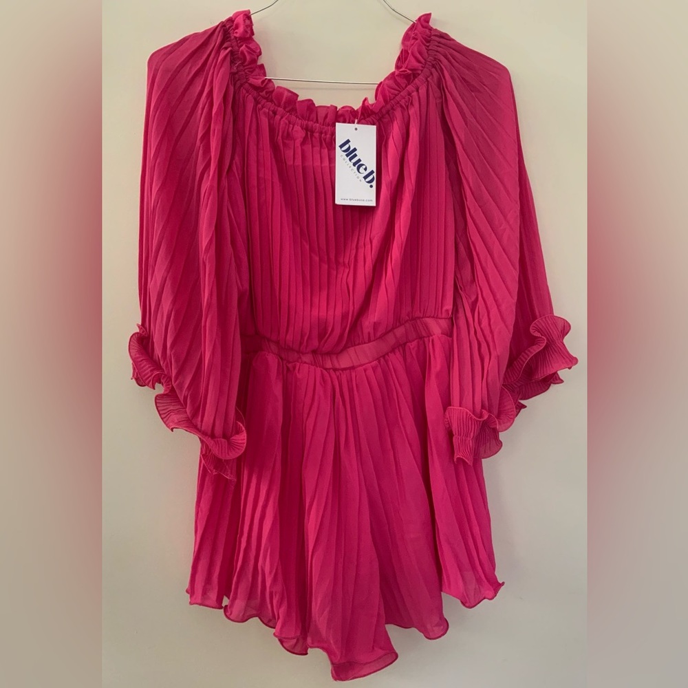 Blue B Pleated Chiffon Off-Shoulder Bell Sleeve Ruffle Romper Barbie Pink S